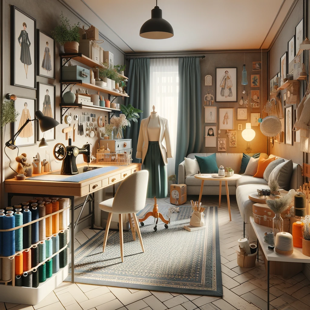 DALL·E 2023-12-17 21.33.43 - An image of a sophisticated tailor's studio in the setting of a single mother's apartment, reflecting both professional craft and a nurturing home env