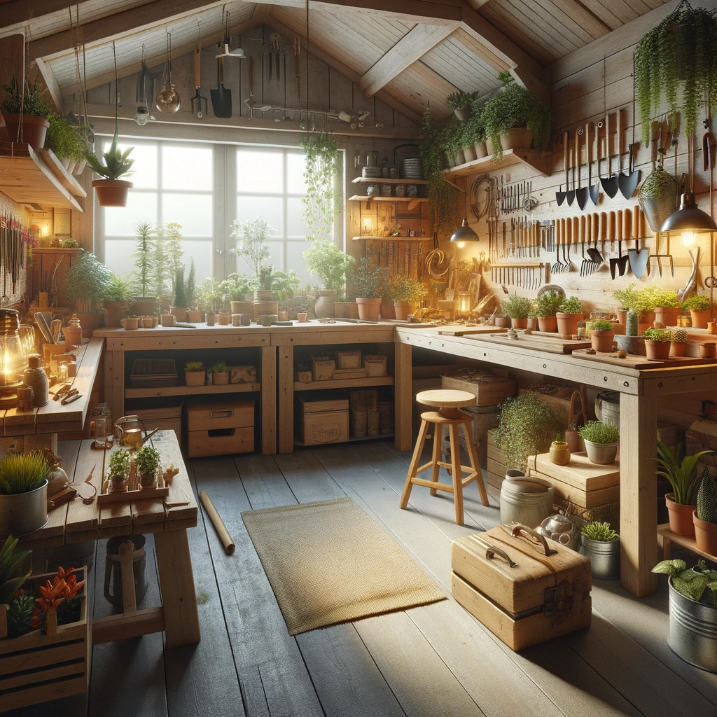 DALL·E 2024-02-24 18.22.22 - A cozy and realistic image of a small, privately-owned workshop focusing on gardening and landscaping, modeled after the uploaded image. The workshop